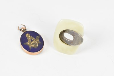 Lot 308 - A yellow metal mounted Masonic fob pendant,...