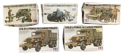 Lot 548 - TAMIYA; five 1:35 scale model army vehicles...