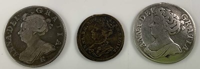 Lot 624 - Three Queen Anne coins, 1707 6d, 1707 shilling...