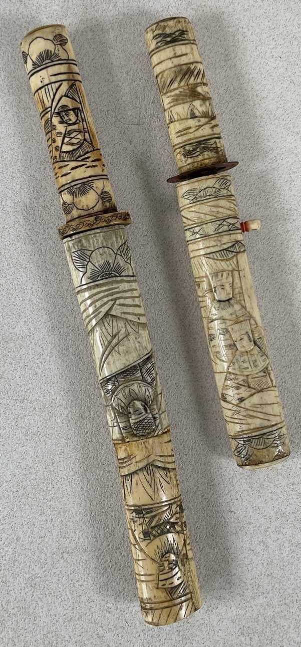 Lot 55 - Two Japanese tanto, both with carved bone...