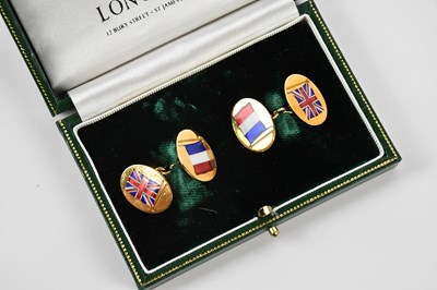 Lot 168 - LONGMIRE; a pair of 18ct gold and enamel...