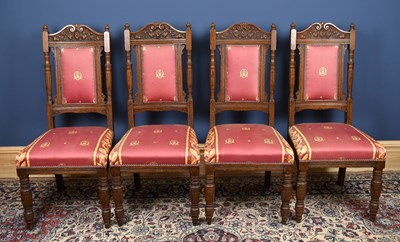 Lot 2879 - Four carved oak framed chairs with upholstered...