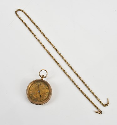 Lot 515 - A yellow metal key wind open faced fob watch,...