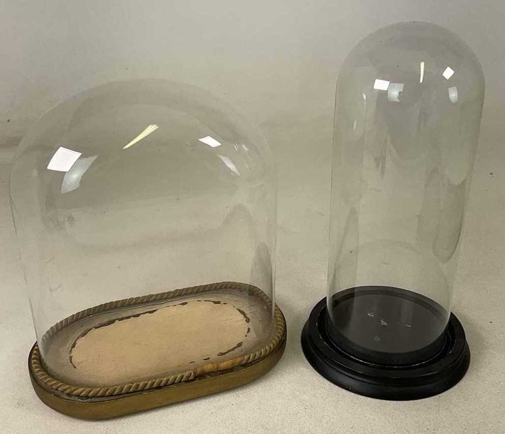 Lot 39 - Two glass domes with bases, the taller 38cm...