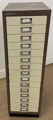 Lot 795 - BISLEY; a metal fifteen drawer filing cabinet,...