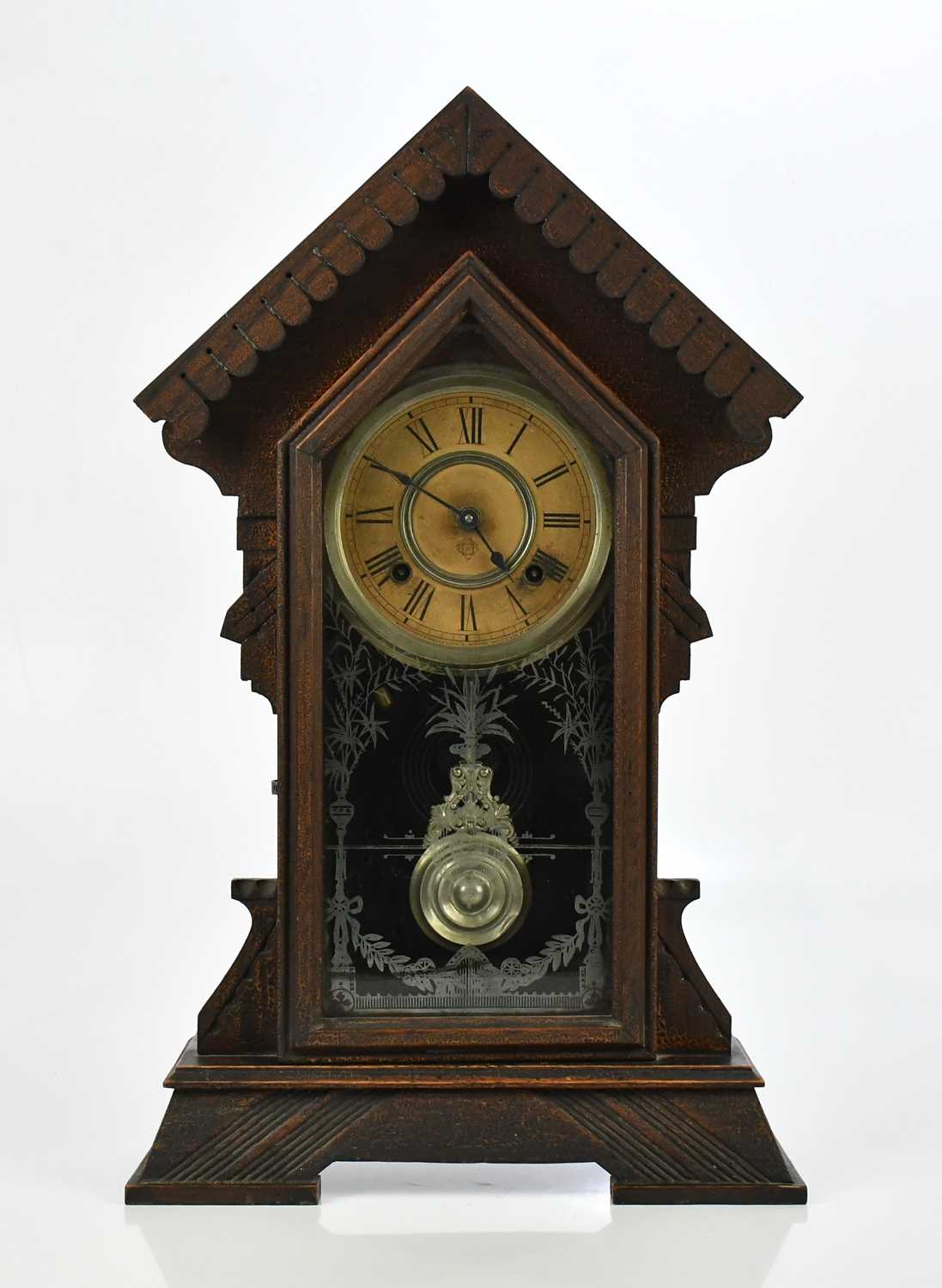 Lot 1337 - ANSONIA; a mantel clock, with etched glass...