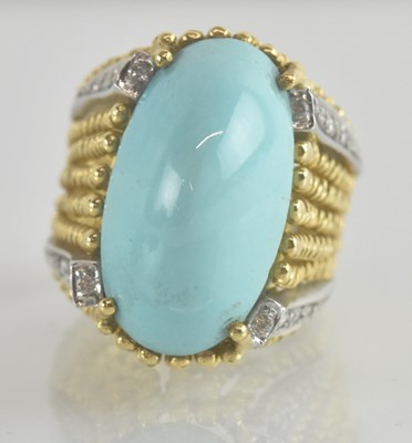 Lot 1206 - A yellow metal turquoise and diamond set ring,...
