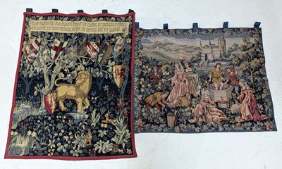 Lot 1620 - Two machine woven tapestry wall hangings, the...