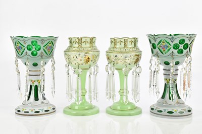 Lot 2373 - Two pairs of green glass lusters, largest 28cm.