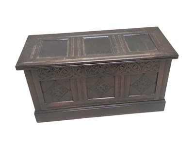 Lot 1070 - A Victorian carved oak coffer, on plinth base,...