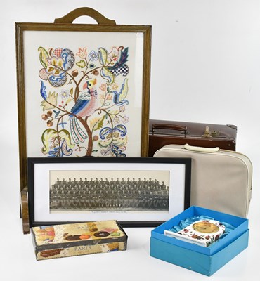 Lot 1478 - A stained oak fire screen, with a leather...
