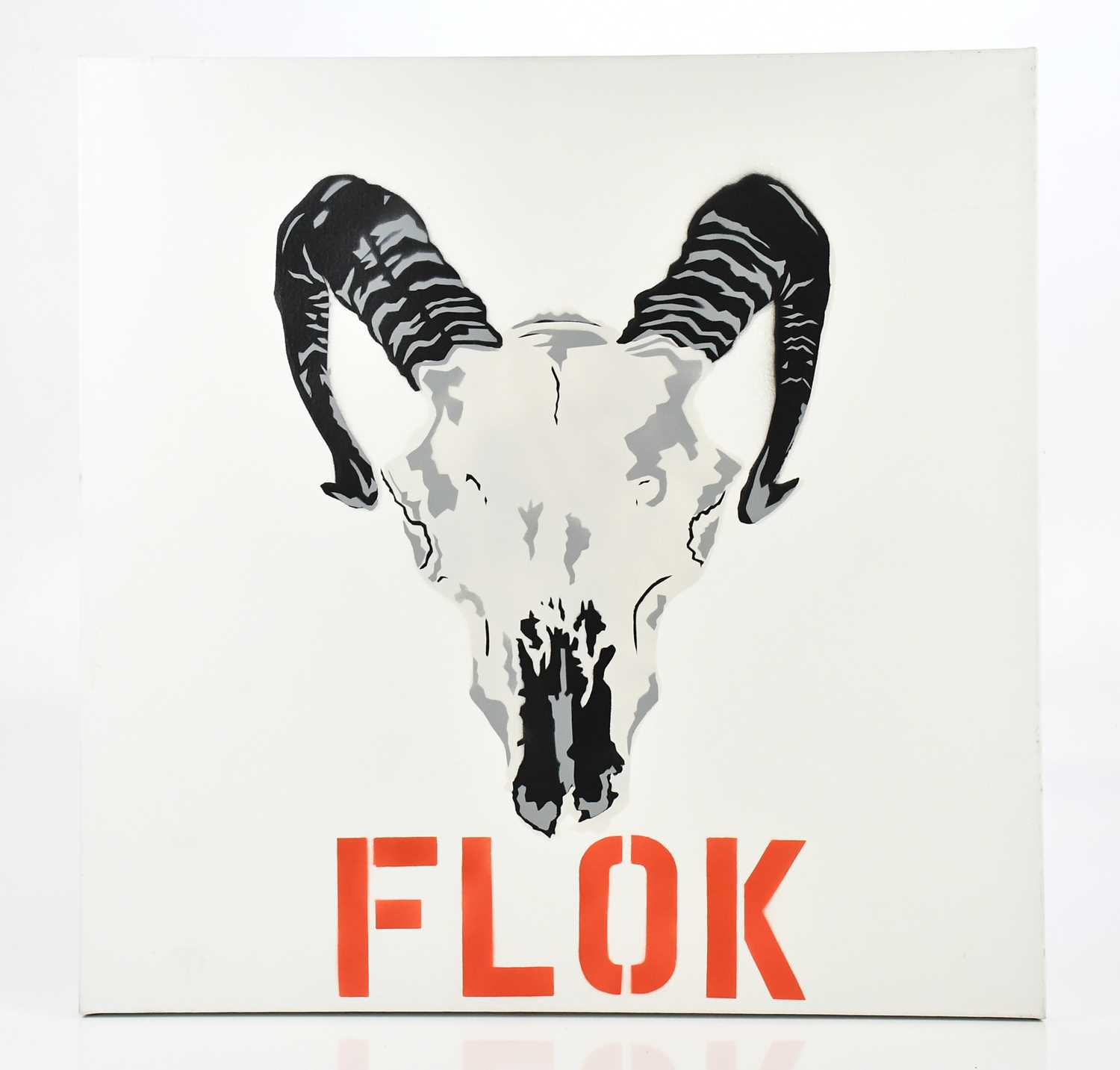 Lot 2326 - FLOK; spray paint stencil, ram's skull, signed...