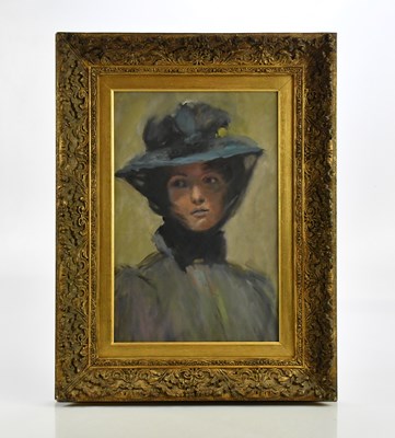 Lot 2253 - UNATTRIBUTED; oil on board, lady in blue dress...