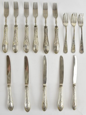 Lot 1173 - A set of six 800 grade silver handled dessert...