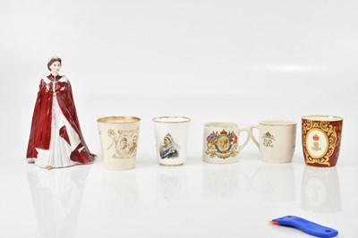 Lot 2607 - A collection of five royal commemorative mugs,...