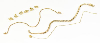 Lot 1419 - Three 9ct gold bracelets, all marked '375',...