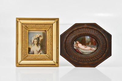 Lot 1553 - An oak framed porcelain plaque, with painted...