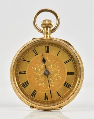 Lot 505 - A yellow metal crown wind open faced fob watch,...