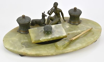 Lot 70 - An Art Deco bronze and onyx three-piece desk...