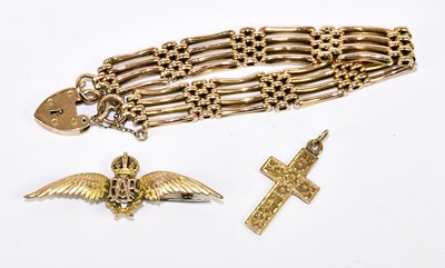 Lot 1250 - A 9ct rose gold four bar gate link bracelet, a...