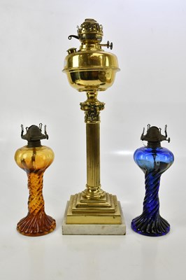 Lot 1689 - A Victorian brass Corinthian column oil lamp...