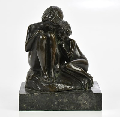 Lot 1610 - A small bronze model of two seated children,...