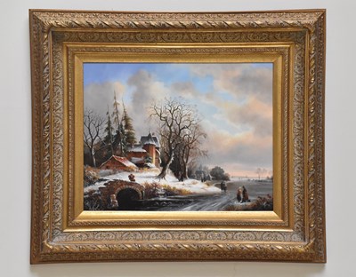 Lot 2234 - C VAN ESSEN; oil on board, Dutch winter scene,...