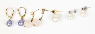 Lot 1367 - A pair of 14ct yellow gold drop earrings set...