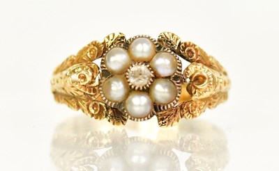 Lot 1355 - A yellow metal mourning ring set with pearls...