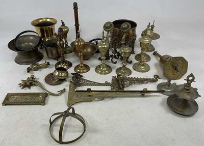 Lot 217 - A quantity of metalware including a brass spit,...