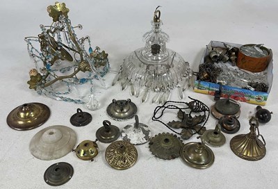Lot 653 - A cut glass ceiling light with drops, a brass...