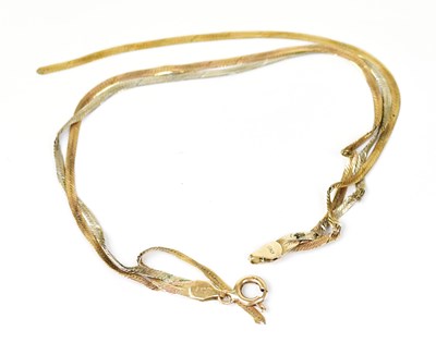 Lot 1418 - A 9ct three-strand yellow, white and rose gold...