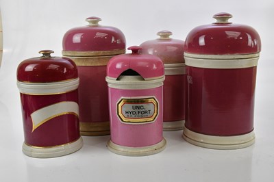 Lot 1410 - Five Victorian pharmaceutical ceramic storage...
