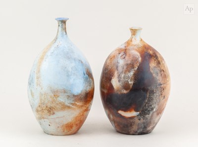 Lot 381 - LIZ ANSPOKS; a near pair of saggar fired and...