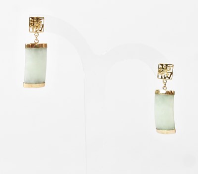 Lot 874 - A pair of 9ct yellow gold drop earrings with...