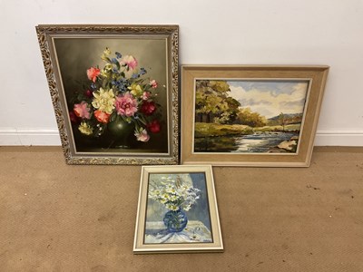 Lot 401 - Three oil paintings, two floral still lifes...