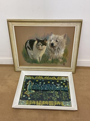 Lot 386 - GERI; pastel, a white dog and cat standing in...