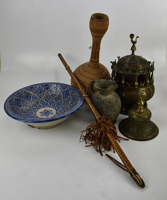Lot 2359 - A Middle Eastern cast brass lantern with ruby...