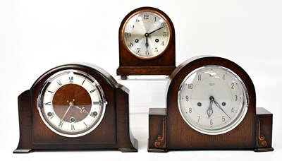 Lot 97 - Three 1930s oak cased mantel clocks, including...