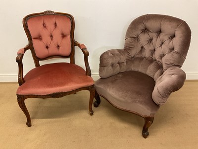 Lot 734 - A Victorian spoonback upholstered armchair and...