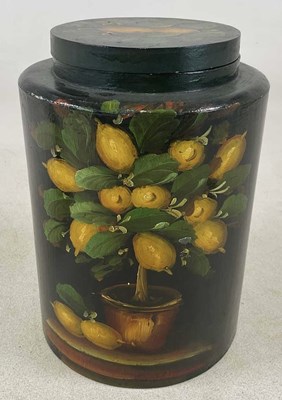 Lot 46 - A barge ware wooden painted lidded jar,...
