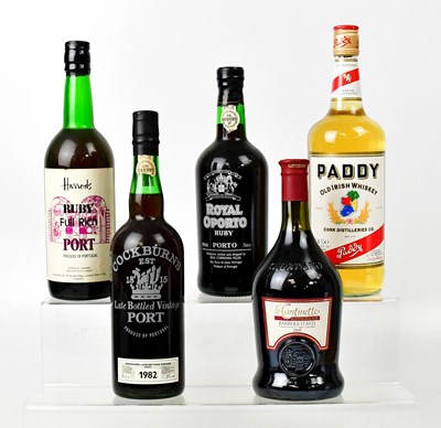 Lot 980 - Five bottles, to include Cockburns 1982 port,...