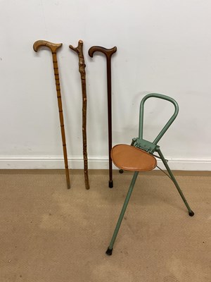 Lot 92 - Three walking sticks and a shooting stool,...