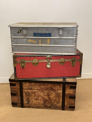 Lot 48 - A wooden trunk with steel bands, height 46cm,...