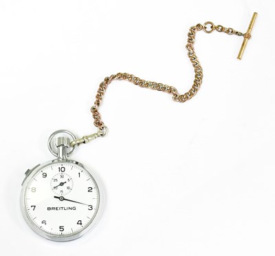 Lot 1562 - BREITLING; a chrome stopwatch, the dial set...