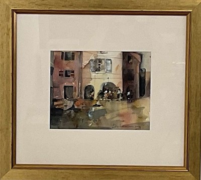 Lot 373 - DAVID NORMAN; watercolour, street scene with...