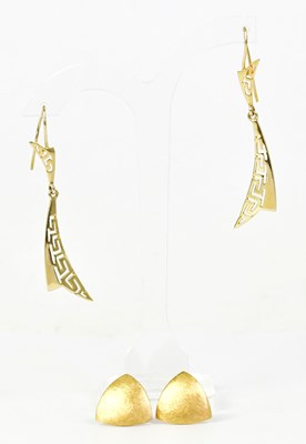 Lot 1368 - A pair of 14ct gold drop earrings with pierced...