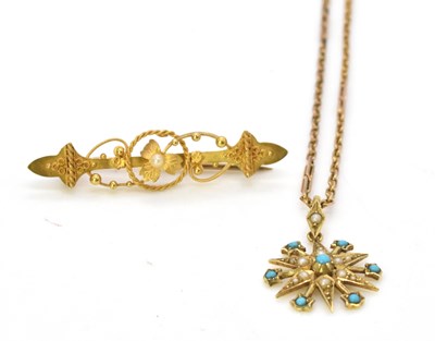 Lot 514 - A 15ct yellow gold seed pearl and turquoise...