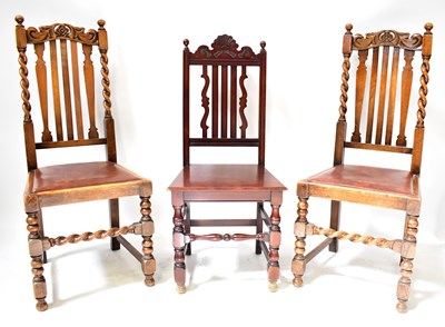 Lot 25 - A pair of oak slat-back dining chairs with...