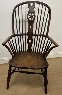 Lot 706 - An ash and elm high back wheel Windsor chair,...